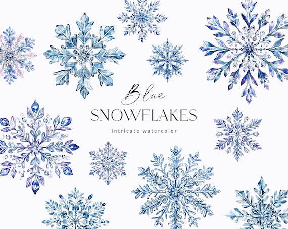 Crystal Snowflakes Clipart Elements, blue intricate snowflake PNG, frosty snowflakes clip art, watercolor winter clipart, commercial license