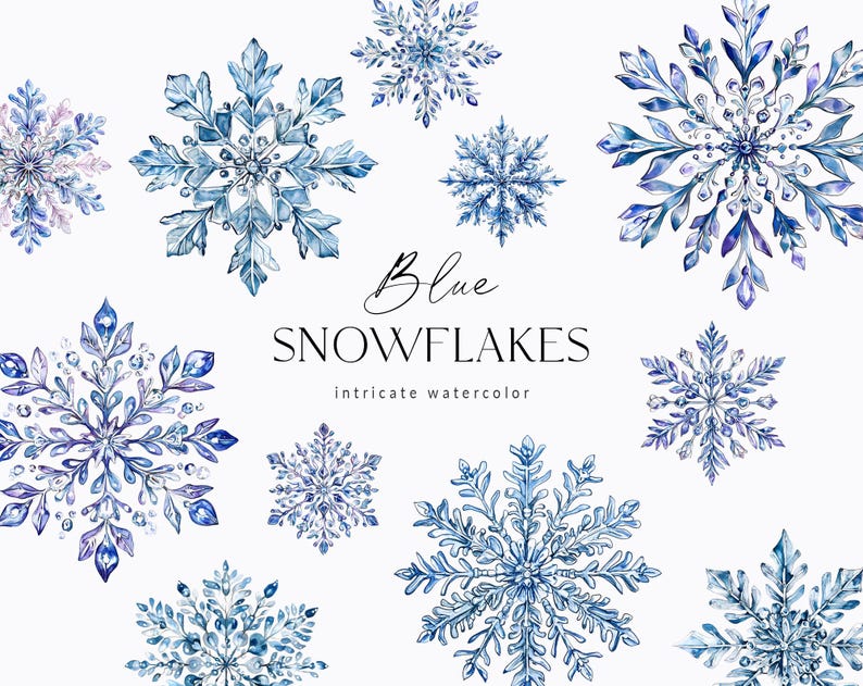 May include: A set of ten blue watercolour snowflakes with intricate details. The snowflakes are isolated on a white background. The text "Blue Snowflakes intricate watercolour" is written below the snowflakes.