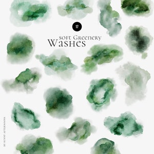 May include: 17 watercolor washes in shades of green, ranging from light to dark. The washes are in various shapes and sizes, and they are all on a white background. The text "Soft Greenery Washes" is written in black at the top of the image.