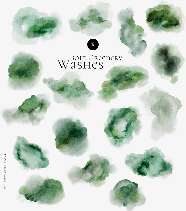 May include: 17 watercolor washes in shades of green, ranging from light to dark. The washes are in various shapes and sizes, and they are all on a white background. The text "Soft Greenery Washes" is written in black at the top of the image.