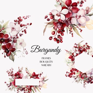 Bourgogne et fleurs blanches Aquarelle Floral clipart, cadre délicat d’orchidées, invitation de mariage floral, fleurs bordeaux, téléchargement numérique