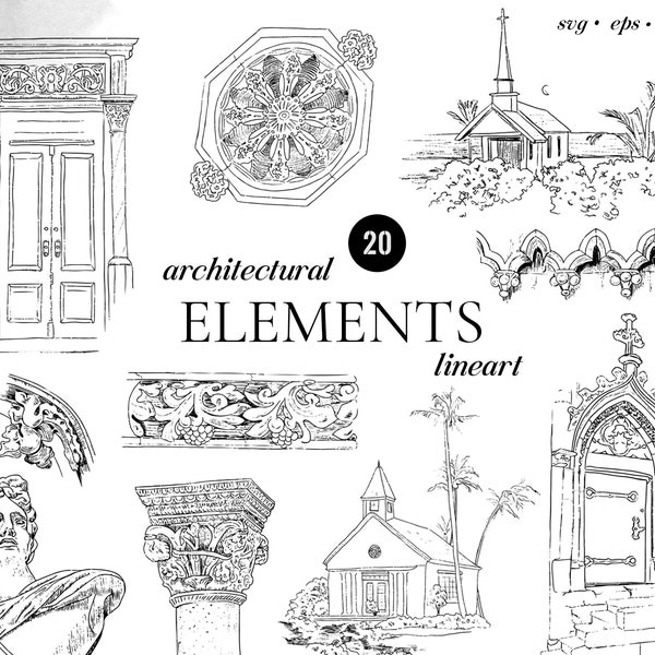 Architecture lineart elements Ancient statue clipart Hand-drawn church Fine art doors sculpture Sketch columns Tropical wedding invite PNG