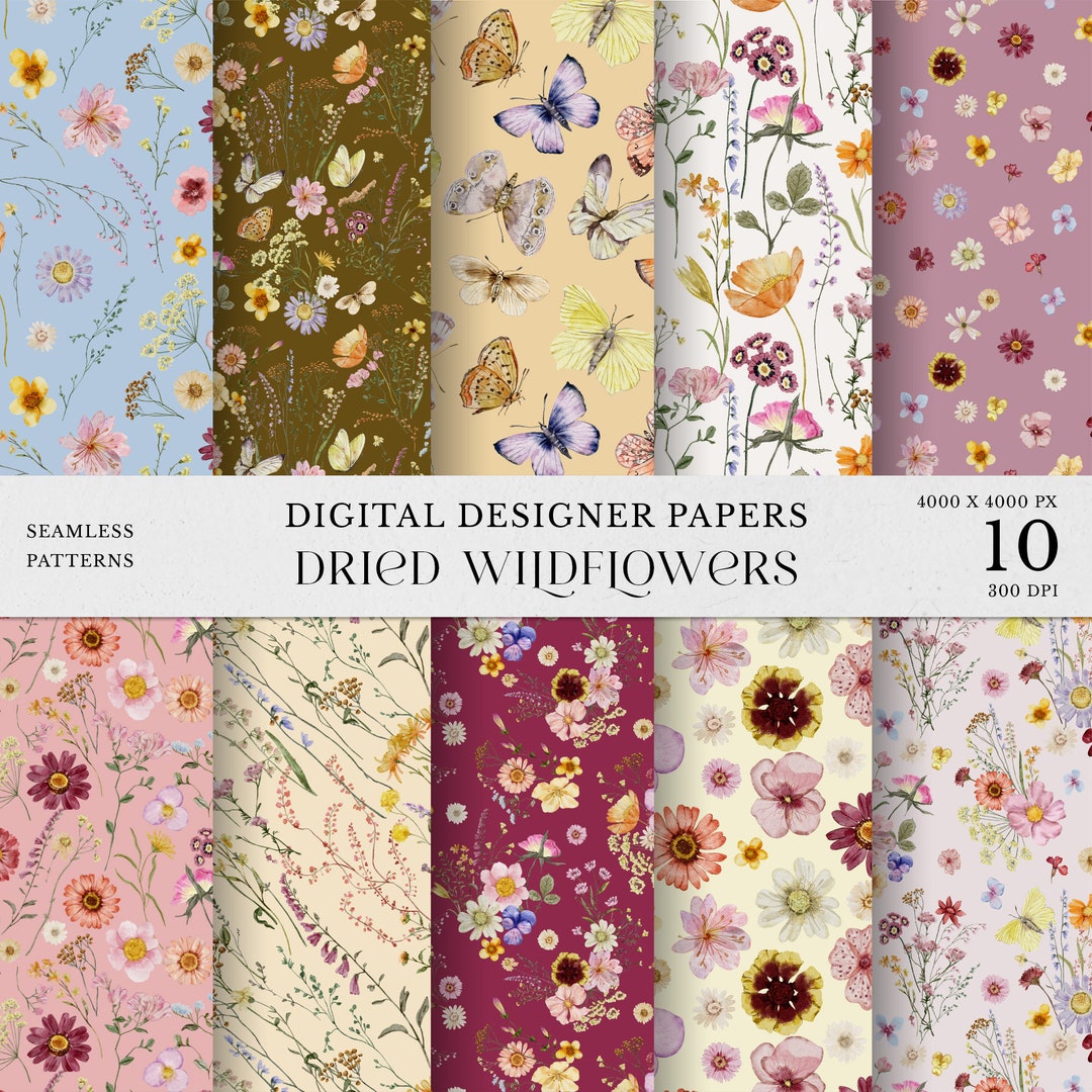 Dried Wildflowers Digital Papers Watercolor Clipart, Delicate Pressed ...