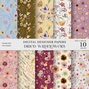 Clipart aquarelle de papiers numériques de fleurs sauvages séchées, motifs sans couture de fleurs sauvages pressées délicates, papier de scrapbooking fleurs des champs