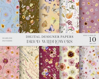 Dried Wildflowers Digital Papers Watercolor clipart, Delicate pressed wild flowers seamless patterns, field Flowers scrapbooking paper