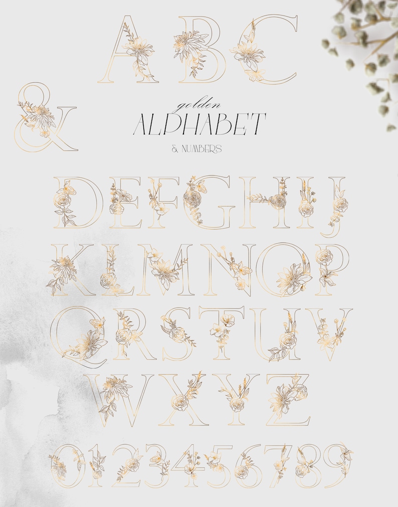 May include: Gold alphabet and numbers with floral accents. Each letter and number is outlined in gold and filled with a delicate floral pattern.