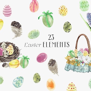 SPRING Essentials Huevos de Pascua, acuarela Mimbre cesta de Pascua clipart, nido, jacinto, plumas, huevo de codorniz PNG primavera - uso comercial