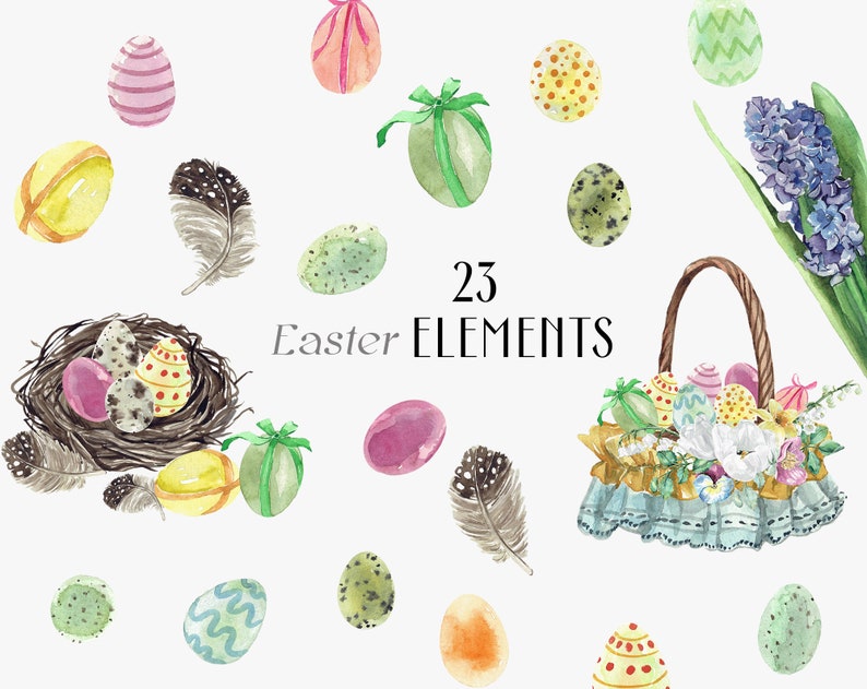 commercial use hyacinth nest feathers watercolor Wicker Easter basket clipart SPRING Essentials Easter eggs quail egg PNG springtime
