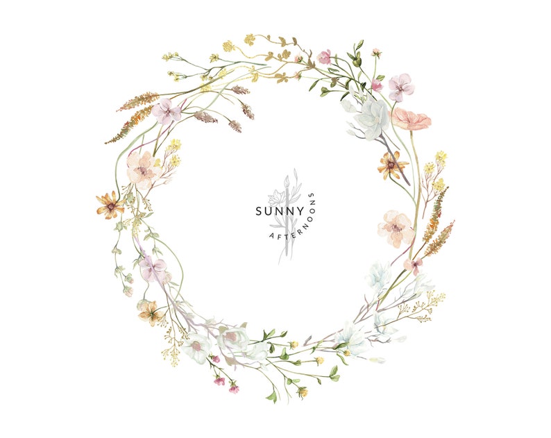 Midsummer Wild field Wreath Aquarelle Wildflower clipart, Cadre de fleurs délicates, Couronnes de prairie d'été mariage floral inviter logo carte PNG image 3