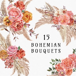 Boho Bloom Pampas Grass clipart, feuilles de palmier séchées boho, roses aquarelles, bouquets neutres, arrangements floraux, fleurs séchées PNG