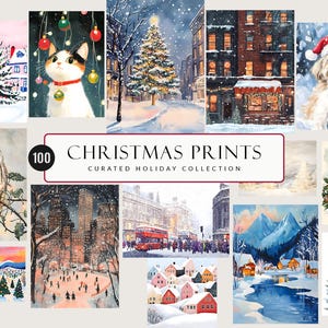 Láminas de arte navideño para pared - 100 láminas navideñas - Juego de carteles festivos - Decoración festiva de invierno - Galería de tarjetas navideñas eclécticas para pared