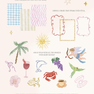 Puede incluir: Ilustraciones en acuarela de elementos de dise&ntilde;o, incluyendo fondos estampados, marcos decorativos y varios garabatos como un sol, una palmera y un cupido. El texto dice: "Elige un fondo que establezca el ambiente" y "Elige un marco que hable de tu estilo."
