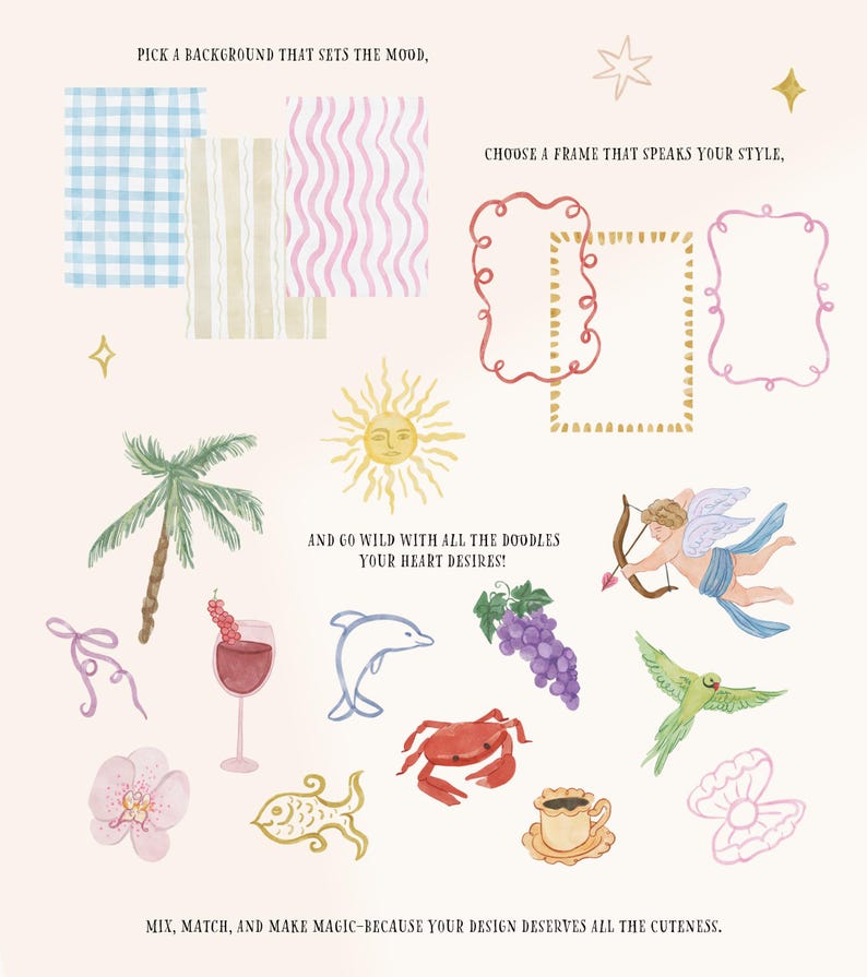 Puede incluir: Ilustraciones en acuarela de elementos de dise&ntilde;o, incluyendo fondos estampados, marcos decorativos y varios garabatos como un sol, una palmera y un cupido. El texto dice: "Elige un fondo que establezca el ambiente" y "Elige un marco que hable de tu estilo."