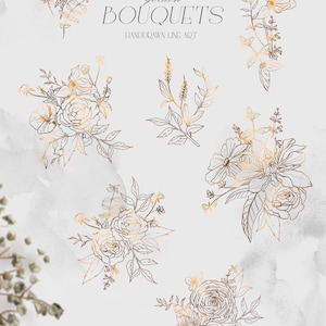 May include: Five gold line art floral bouquets with a white background. The text "golden BOUQUETS HANDDRAWN LINE ART" is at the top of the image.