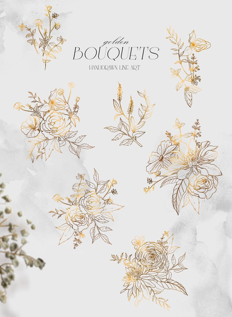 May include: Five gold line art floral bouquets with a white background. The text "golden BOUQUETS HANDDRAWN LINE ART" is at the top of the image.