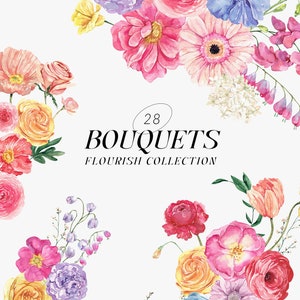 FLOURISH Aquarell Blumensträuße, helle Aquarell Blumen png, lebendige Sommer Blumenarrangements Clipart, Hochzeit einladen Karte digitale Clipart