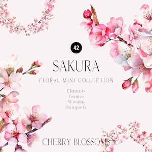 Sakura Aquarell floral Clipart, zarte Kirschblüten-Elemente, Blush Sakura Rahmen, rosa Gartenblumen Blumensträuße, Hochzeit einladen Karte