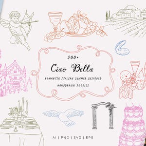 Whimsical Italian Wedding Line art SVG - Quirky Doodles Dolce Vita Wedding icons for invites - Hand Drawn Coquette Doodles Lineart