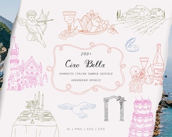 May include: A set of 200+ hand-drawn doodles inspired by romantic Italian summers. The doodles include a castle, a cupid with an arrow, a wine bottle, a glass of wine, a cake, a dove, a table setting, and a vineyard.