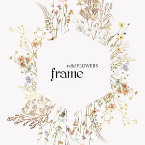 Midsummer Wild field florals Frame Watercolor Wildflower clipart, Delicate flower frames Summer meadow wreath floral wedding invite logo PNG