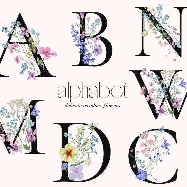 Watercolor Wild Florals wildflower floral clipart Alphabet, Delicate pressed flowers Letters & Numbers, Tiny field flowers wedding monogram