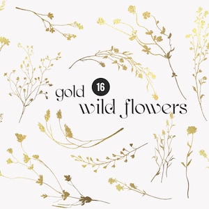 Florais de campo selvagem de verão Elementos DIY, clipart de flores silvestres douradas, flor delicada, cartão de logotipo de convite de casamento floral de prado de verão, png
