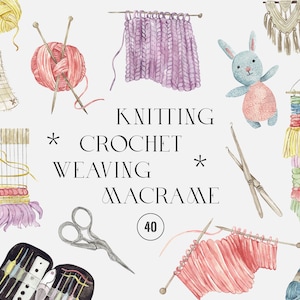 Clipart de tricot à l'aquarelle, illustrations d'artisanat au Crochet, fil clip art couture ciseaux à la main ARTISANAT, aiguilles de tissage en macramé PNG