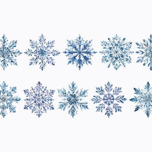 May include: Ten watercolour illustrations of blue snowflakes with intricate details. Each snowflake has a unique design and is rendered in shades of blue.