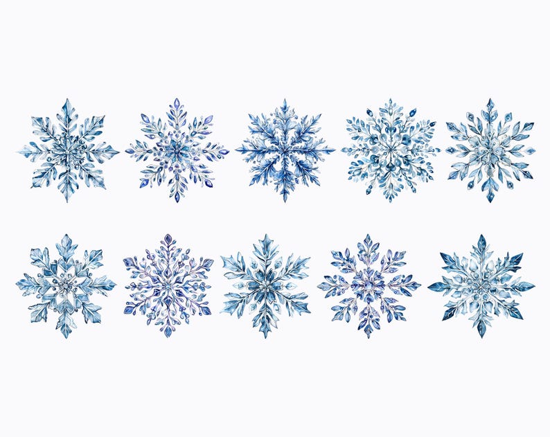May include: Ten watercolour illustrations of blue snowflakes with intricate details. Each snowflake has a unique design and is rendered in shades of blue.