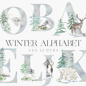 Clipart alfabeto foresta montagna acquerello, monogramma lettere invernali, clipart animali invernali, cabine di legno, animali natalizi, PNG di montagna