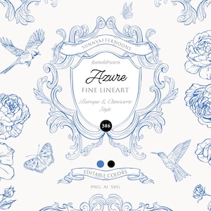Clipart au trait baroque - écusson de mariage chinoiseries bleues - cadres ornementaux vintage - azur dessiné à la main mariage victorien Lineart SVG
