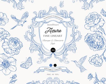 Baroque Line Art Clipart - Blue Chinoiserie Wedding Crest - Vintage Ornamental frames - Azure Handdrawn Victorian Wedding Lineart SVG