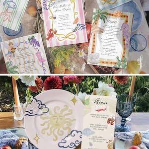 Puede incluir: Una colecci&oacute;n de papeler&iacute;a de boda ilustrada y una tarjeta de men&uacute;. Las invitaciones presentan dise&ntilde;os caprichosos con motivos n&aacute;uticos y florales. Tambi&eacute;n se ve un plato con un dise&ntilde;o de sol y un vaso azul.