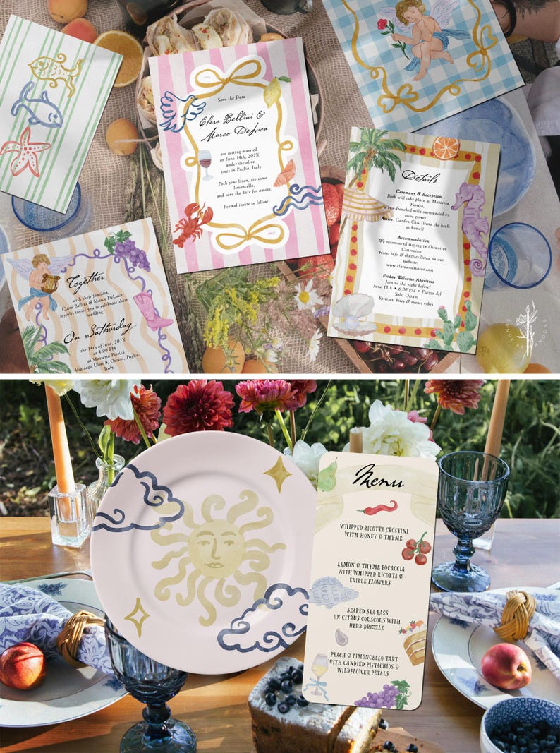 Puede incluir: Una colecci&oacute;n de papeler&iacute;a de boda ilustrada y una tarjeta de men&uacute;. Las invitaciones presentan dise&ntilde;os caprichosos con motivos n&aacute;uticos y florales. Tambi&eacute;n se ve un plato con un dise&ntilde;o de sol y un vaso azul.