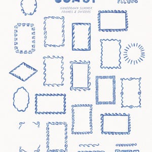 May include: A collection of hand-drawn blue frames and dividers with a coastal theme. The image includes various shapes like rectangles, ovals, and sunbursts, with decorative wave and swirl patterns. Text reads "Saltwater Coast: Handdrawn Summer Frames & Dividers."