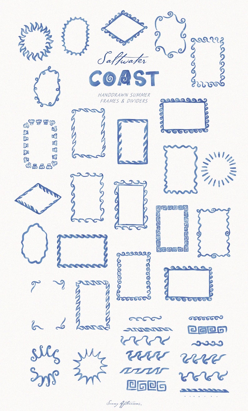 May include: A collection of hand-drawn blue frames and dividers with a coastal theme. The image includes various shapes like rectangles, ovals, and sunbursts, with decorative wave and swirl patterns. Text reads "Saltwater Coast: Handdrawn Summer Frames & Dividers."