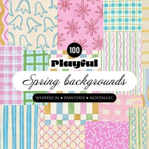 Op de afbeelding: Een verzameling van 100 speelse lentebonnen met diverse patronen. De ontwerpen omvatten bloemen, ruiten, golvende lijnen en geometrische vormen in pastelkleuren zoals roze, blauw en geel. De tekst luidt "Playful Spring backgrounds".
