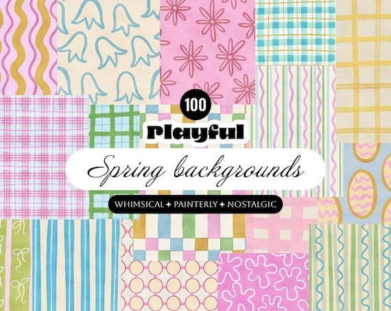 Playful Spring Backgrounds clipart, Hand-drawn plaid textures, handpainted gingham digital paper, pastel plaids & stripes background