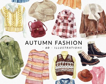 May include: A collection of watercolor illustrations featuring autumn fashion items, including sweaters, jackets, vests, hats, scarves, boots, and a backpack. The illustrations are in various colors, including brown, green, red, yellow, and blue. The text "AUTUMN FASHION - 60 ILLUSTRATIONS" is written in the center of the image.