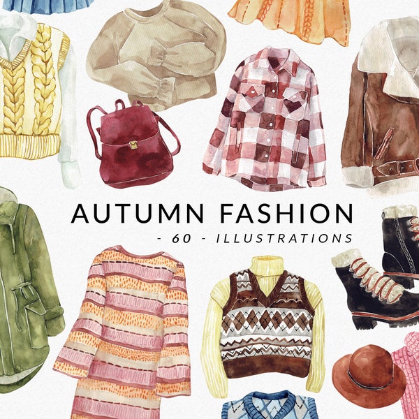 Herbst Mode Aquarell Outfits Sammlung für Blog, Magazin, Essentials, Herbst Kleidung, Pullover Stiefel Jacken Westen Kleider Clipart PNG