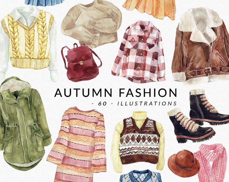 Puede incluir: Una colecci&oacute;n de ilustraciones de acuarela que presentan art&iacute;culos de moda de oto&ntilde;o, incluyendo su&eacute;teres, chaquetas, chalecos, sombreros, bufandas, botas y una mochila. Las ilustraciones son de varios colores, incluyendo marr&oacute;n, verde, rojo, amarillo y azul. El texto "AUTUMN FASHION - 60 ILLUSTRATIONS" est&aacute; escrito en el centro de la imagen.