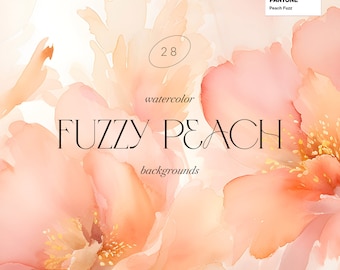 以下が含まれることがあります： 桃色の花が咲いた水彩画の背景。画像の中央に「FUZZY PEACH watercolor backgrounds」というテキストがあります。右上の隅に、パントーンカラー「ピーチファズ」が表示されています。