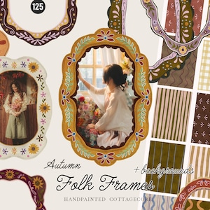 May include: A collection of digital graphic assets featuring ornate, hand-painted frames with floral and leaf motifs in warm autumn colors, alongside various patterned backgrounds including stripes, plaids, and botanical prints with the text Autumn Folk Frames.