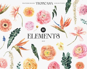 May include: Watercolor illustration set of 64 tropical floral elements for DIY projects. The set includes flowers, leaves, and branches in various colors, including pink, orange, yellow, and green.