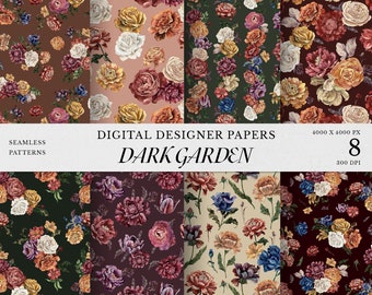 Dark Garden watercolor Flowers Digital Papers clipart, Dark and Moody patterns, Rembrandt style, autumnal wedding invitation, dark academia