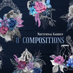 Compositions de jardin nocturnes, bouquets de fleurs aquarelles foncées avec illustration de ligne argentée, cage de vase de crâne d'illustration d'oiseau, PNG numérique