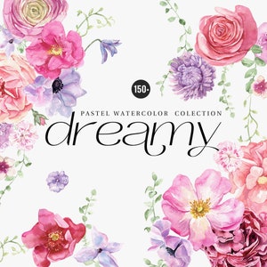 Éléments floraux aquarelles de rêve, couronnes de fleurs aquarelles lilas, clipart floral d'été pastel rose, carte d'invitation de mariage clipart numérique