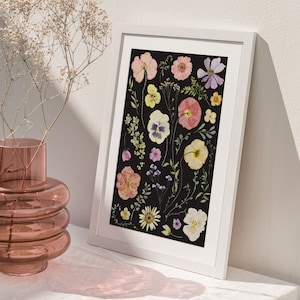 May include: A white frame with a black background showcasing a collection of pressed flowers and insects. The flowers are in shades of pink, purple, yellow, and white. The text "Delicate pressed florals and small insects" is at the top of the image. The text "Big bundle of DIY elements for your creativity" is at the bottom of the image.