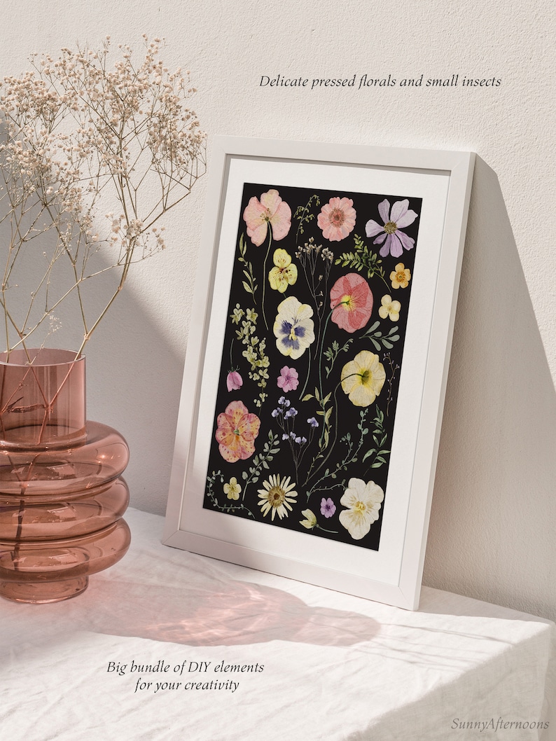 May include: A white frame with a black background showcasing a collection of pressed flowers and insects. The flowers are in shades of pink, purple, yellow, and white. The text "Delicate pressed florals and small insects" is at the top of the image. The text "Big bundle of DIY elements for your creativity" is at the bottom of the image.