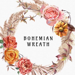 Boho Bloom Pampas Grass Wreath clipart, feuilles de palmier séchées boho, cadre de roses aquarelle florale, couronne neutre fleurs séchées PNG